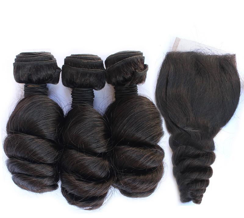 Brazilian loose wave 3 bungles 5*5 closure 24,24,26,26, inches transparent lace closure 11A